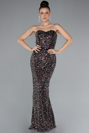 Black Strapless Stone Tailed Long Special Design Evening Gown ABU4538