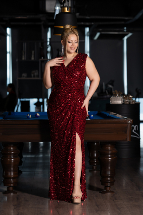 Burgundy Sleeveless Slit Long Sequined Plus Size Evening Dress ABU4401