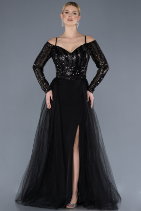 Black Sequined Long Sleeve Trained Mermaid Evening Gown ABU4501