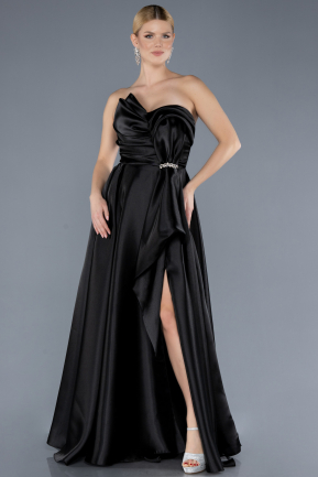 Black Strapless Slit Long Satin Prom Dress ABU4561