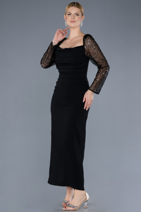 Black Sequined Long Sleeve Square Neck Midi Invitation Dress ABK2216