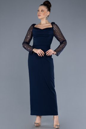 Navy Blue Sequined Long Sleeve Square Neck Midi Invitation Dress ABK2216