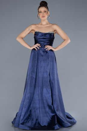 Navy Blue Stoned Strapless Long Taffeta Evening Gown ABU4579