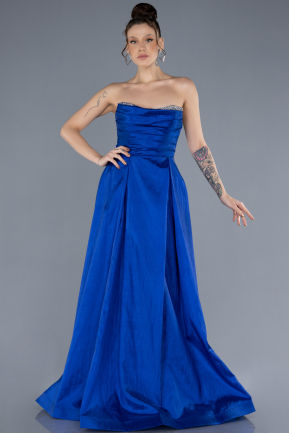 Sax Blue Stoned Strapless Long Taffeta Evening Gown ABU4579