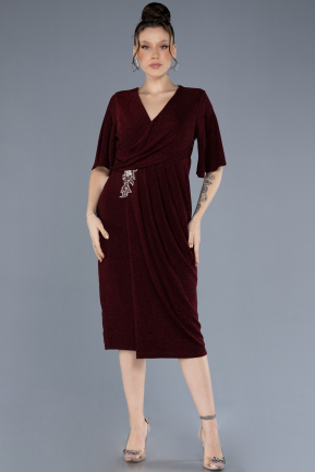 Burgundy Short Sleeve Midi Glittery Plus Size Invitation Dress ABK2224