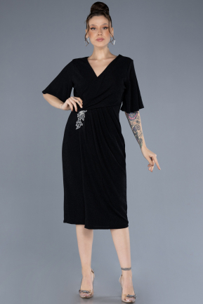 Black Short Sleeve Midi Glittery Plus Size Invitation Dress ABK2224