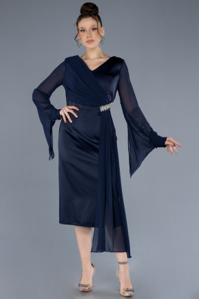 Navy Blue Chiffon Long Sleeve Satin Midi Plus Size Invitation Dress ABK2194