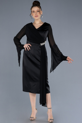 Black Chiffon Long Sleeve Satin Midi Plus Size Invitation Dress ABK2194