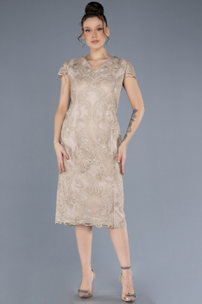 Beige Short Sleeve Guipure Midi Plus Size Invitation Dress ABK2229