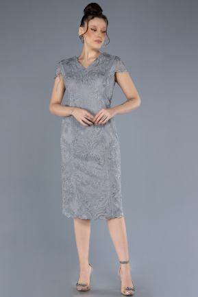 Grey Short Sleeve Guipure Midi Plus Size Invitation Dress ABK2229