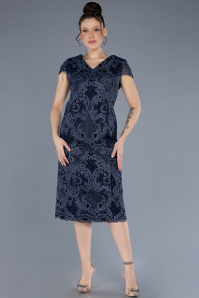 Navy Blue Short Sleeve Guipure Midi Plus Size Invitation Dress ABK2229