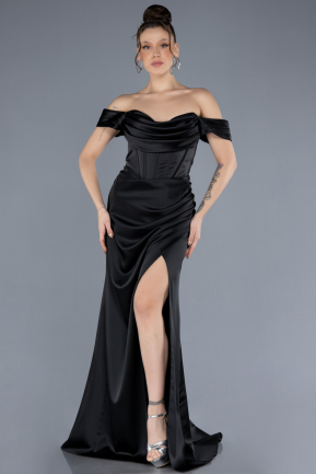 Black Boat Neck Slit Satin Long Prom Gown ABU4582