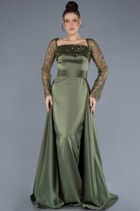 Olive Drab Scaly Long Sleeve Satin Tail Evening Gown ABU4583