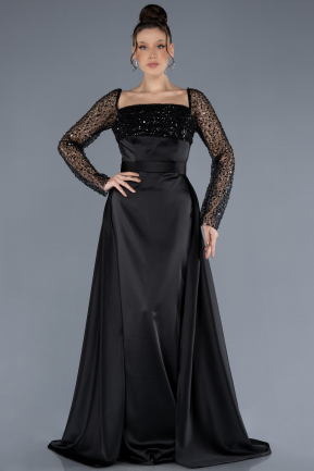 Black Scaly Long Sleeve Satin Tail Evening Gown ABU4583