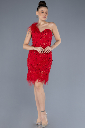 Red Feathered One Shoulder Short Scaly Evening Dress ABU4580