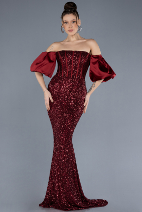 Burgundy Strapless Sleeve Accessories Long Scaly Evening Gown ABU4308