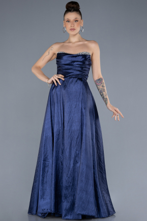 Navy Blue Stoned Strapless Long Taffeta Evening Gown ABU4579