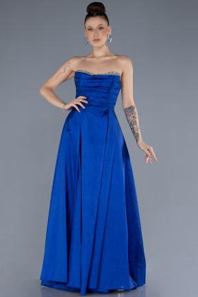 Sax Blue Stoned Strapless Long Taffeta Evening Gown ABU4579