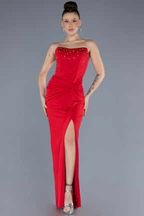 Red Stoned Strapless Slit Long Prom Gown ABU4602