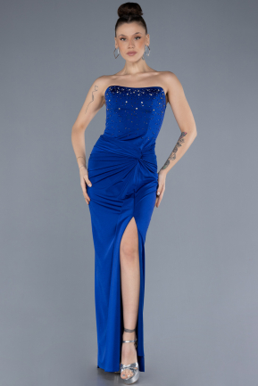 Sax Blue Stoned Strapless Slit Long Prom Gown ABU4602