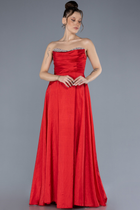 Red Stoned Strapless Long Taffeta Evening Gown ABU4579