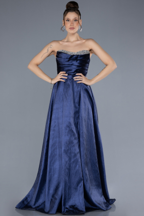 Navy Blue Stoned Strapless Long Taffeta Evening Gown ABU4579