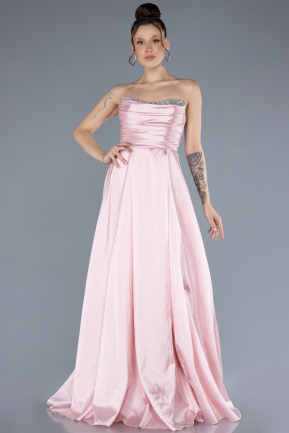 Powder Color Stoned Strapless Long Taffeta Evening Gown ABU4579