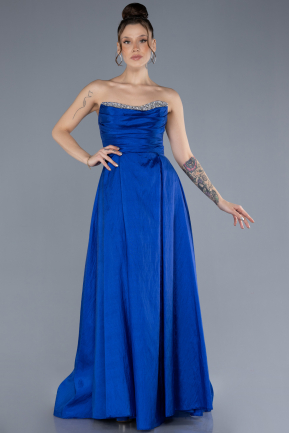 Sax Blue Stoned Strapless Long Taffeta Evening Gown ABU4579