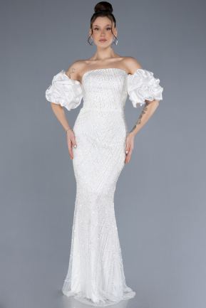 Long White Beaded Evening Dress ABU4616