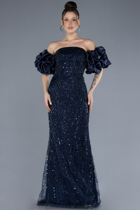 Long Navy Blue Beaded Evening Dress ABU4616