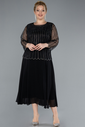 Midi Black Chiffon Plus Size Evening Dress ABK2244