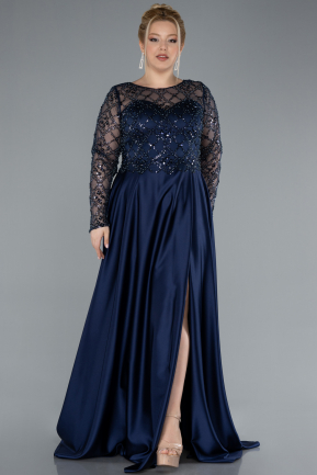 Long Navy Blue Satin Plus Size Wedding Dress ABU4639