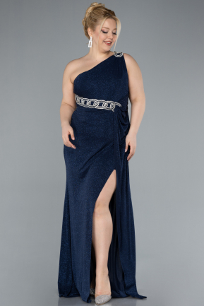 Navy Blue One Shoulder Slit Glittered Long Plus Size Prom Dress ABU4601