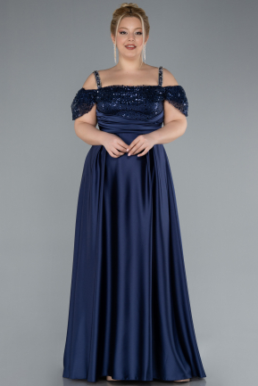 Long Navy Blue Satin Plus Size Engagement Dress ABU4628