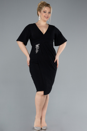 Black Short Sleeve Midi Glittery Plus Size Invitation Dress ABK2224