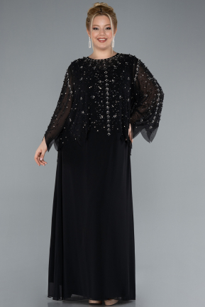 Black Long Sleeve Stoned Chiffon Plus Size Evening Dress ABU4396