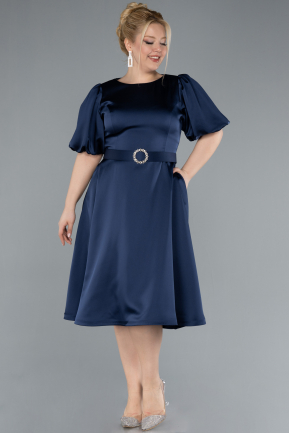 Navy Blue Midi Satin Plus Size Cocktail Dress ABK2055