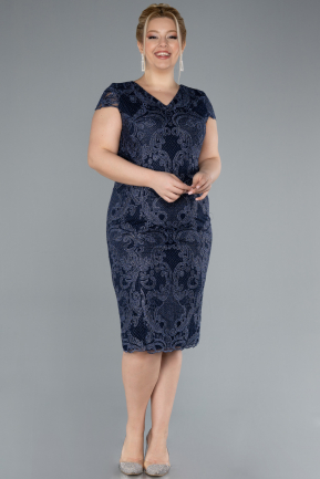 Navy Blue Short Sleeve Guipure Midi Plus Size Invitation Dress ABK2229