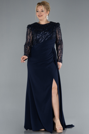 Navy Blue Stoned Long Sleeve Slit Plus Size Evening Gown ABU4311