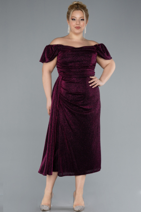 Plum Boat Neck Midi Glittered Plus Size Evening Dress ABK2181