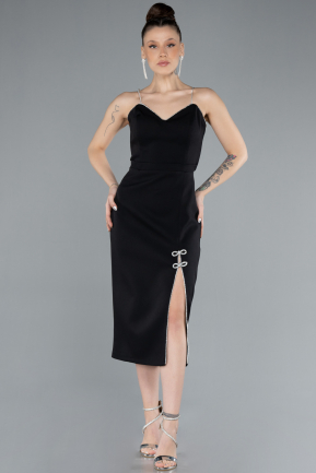 Black Stone Strap Slit Midi Cocktail Dress ABK2250