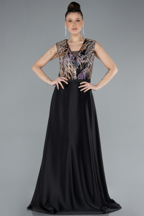 Long Black Satin Plus Size Evening Gown ABU4667