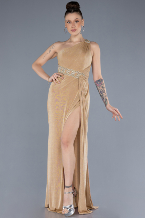 Gold One Shoulder Slit Glittered Long Prom Dress ABU4599