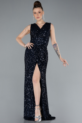 Navy Blue Sleeveless Slit Long Sequin Evening Gown ABU4672