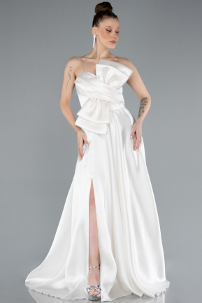 White Strapless Slit Long Satin Prom Dress ABU4680