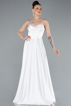 White Strappy Long Satin Prom Dress ABU4684