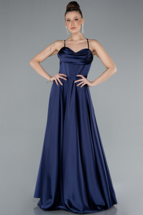 Navy Blue Strappy Long Satin Prom Dress ABU4684