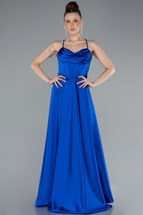 Sax Blue Strappy Long Satin Prom Dress ABU4684