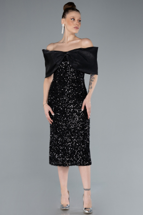 Black Boat Neck Midi Sequined Cocktail Dress ABK2257