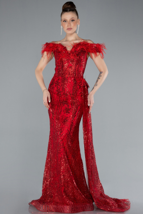 Red Feathered Boat Neck Long Sequined Mermaid Evening Gown ABU4676